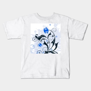 White Blue Floral Art Kids T-Shirt